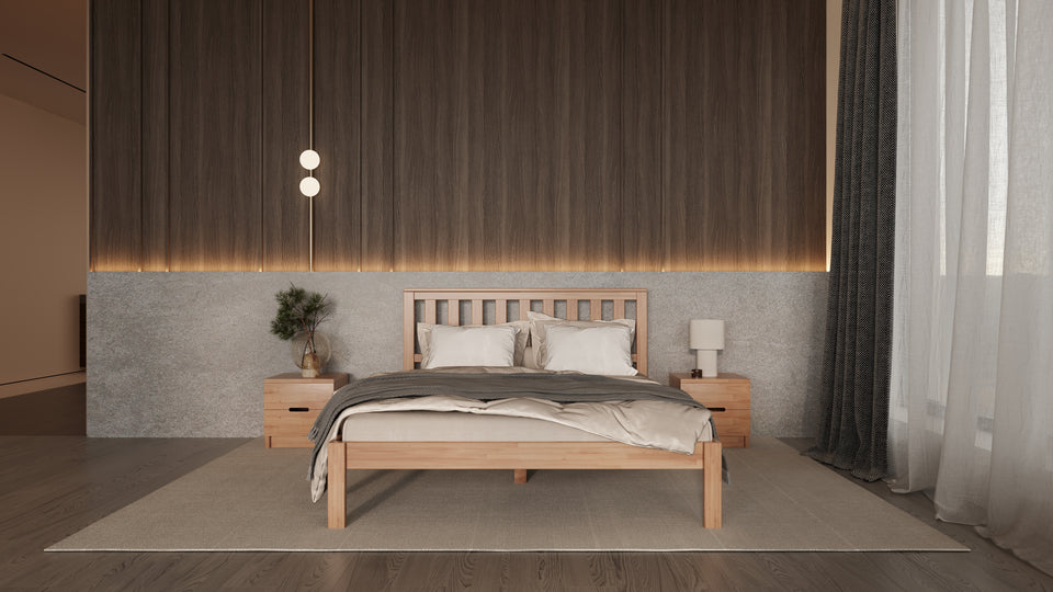 Buchenbett mit stilvollem Kopfteil für erholsamen Schlaf und zeitloses Design
