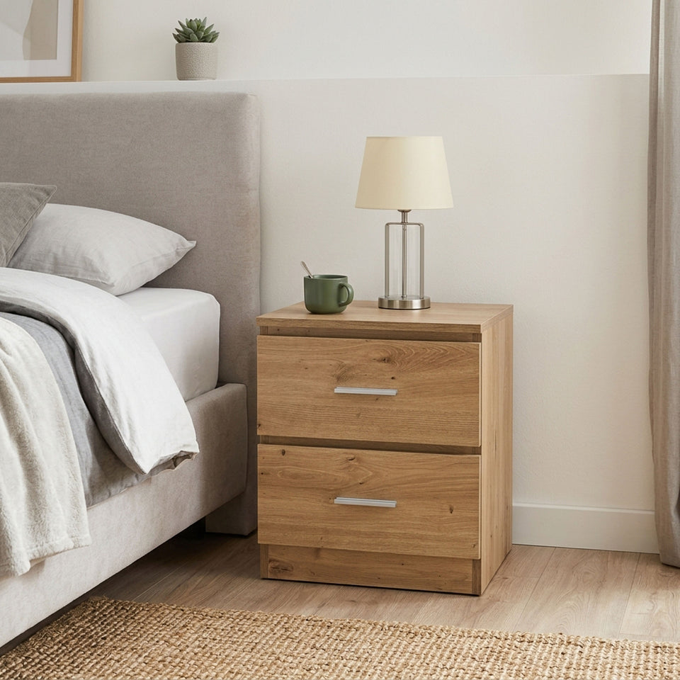 LORA Nachttisch in Artisan-Eiche-Dekor mit 2 Schubladen am Bett