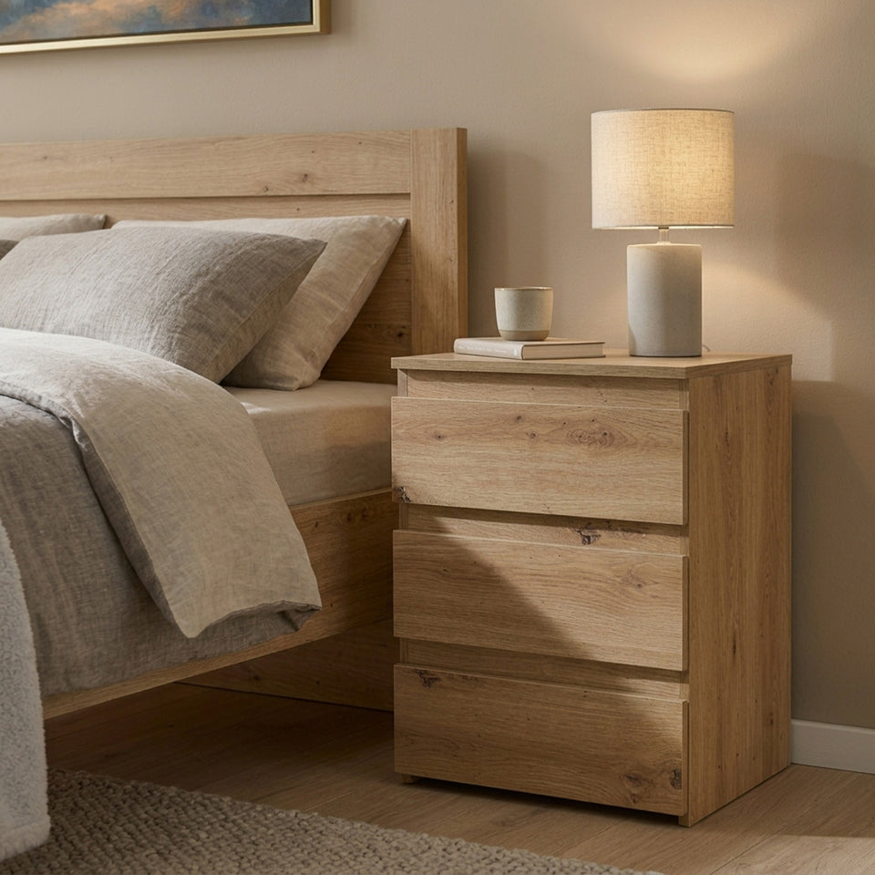 LORA Nachttisch in Artisan-Eiche-Dekor mit 3 Schubladen im Schlafzimmer