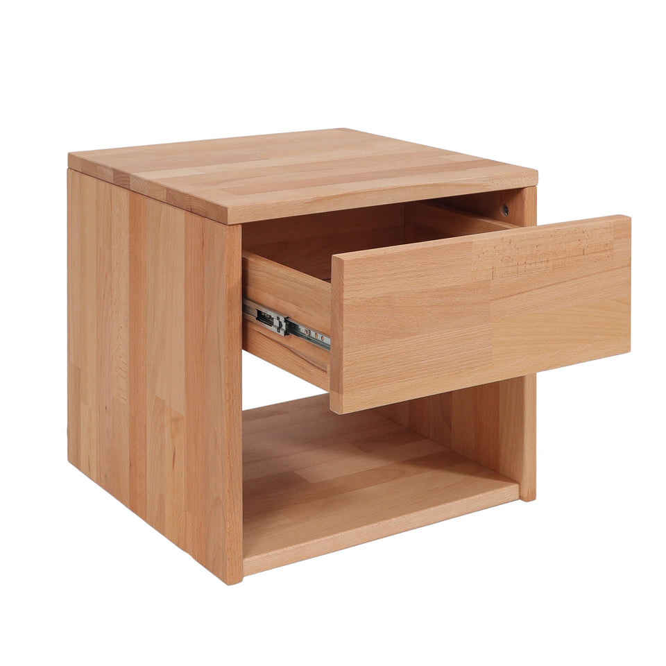 Nachttisch aus Buche mit teilweise geöffneter Schublade