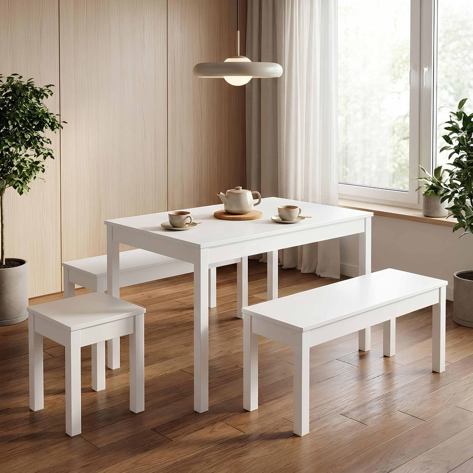 Weißes Esszimmer-Set mit rechteckigem Esstisch, Sitzbank und Hocker