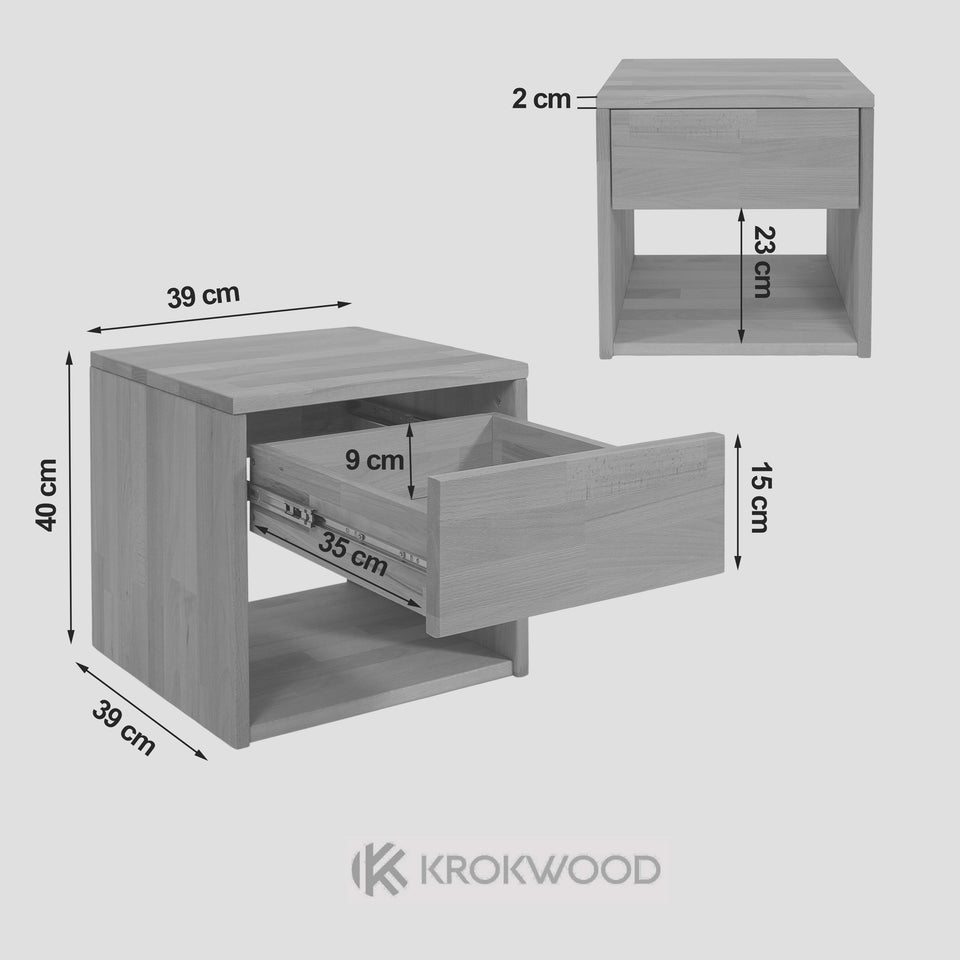 Maße des Nachttischs  aus Massivholz